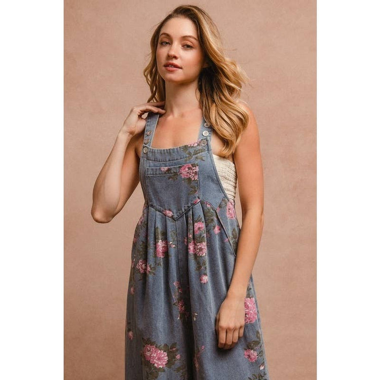 Flower Print Washed Denim Overalls