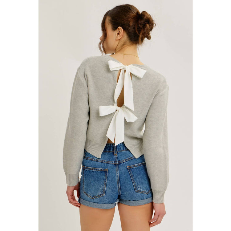 CONTRAST BOW TIE BACK SWEATER TOP WITH ROUND NECK