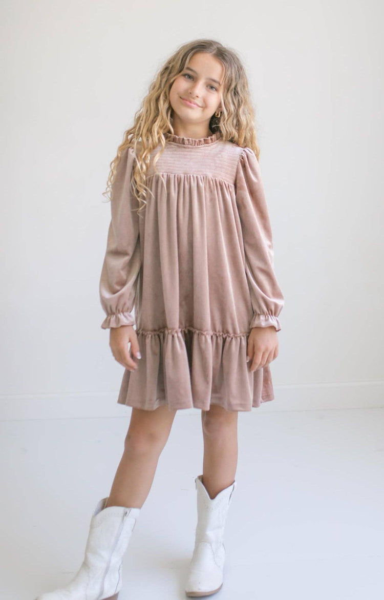 Girls Alexa Champagne Smocked Velvet Fancy Holiday Dress