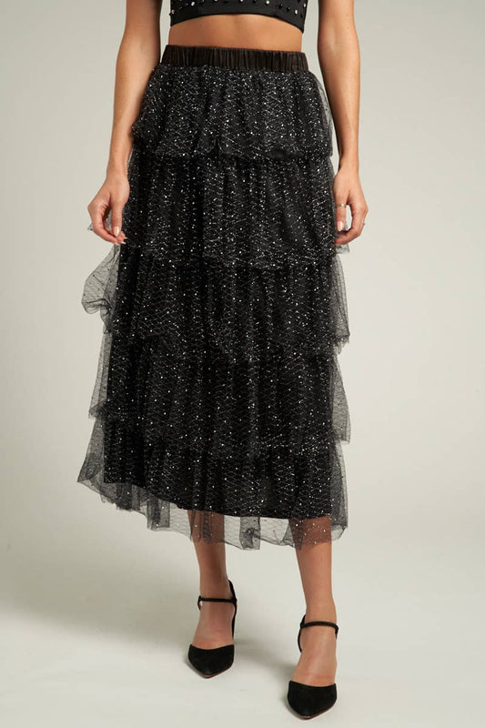 Tiered Tulle Glitter Midi Skirt