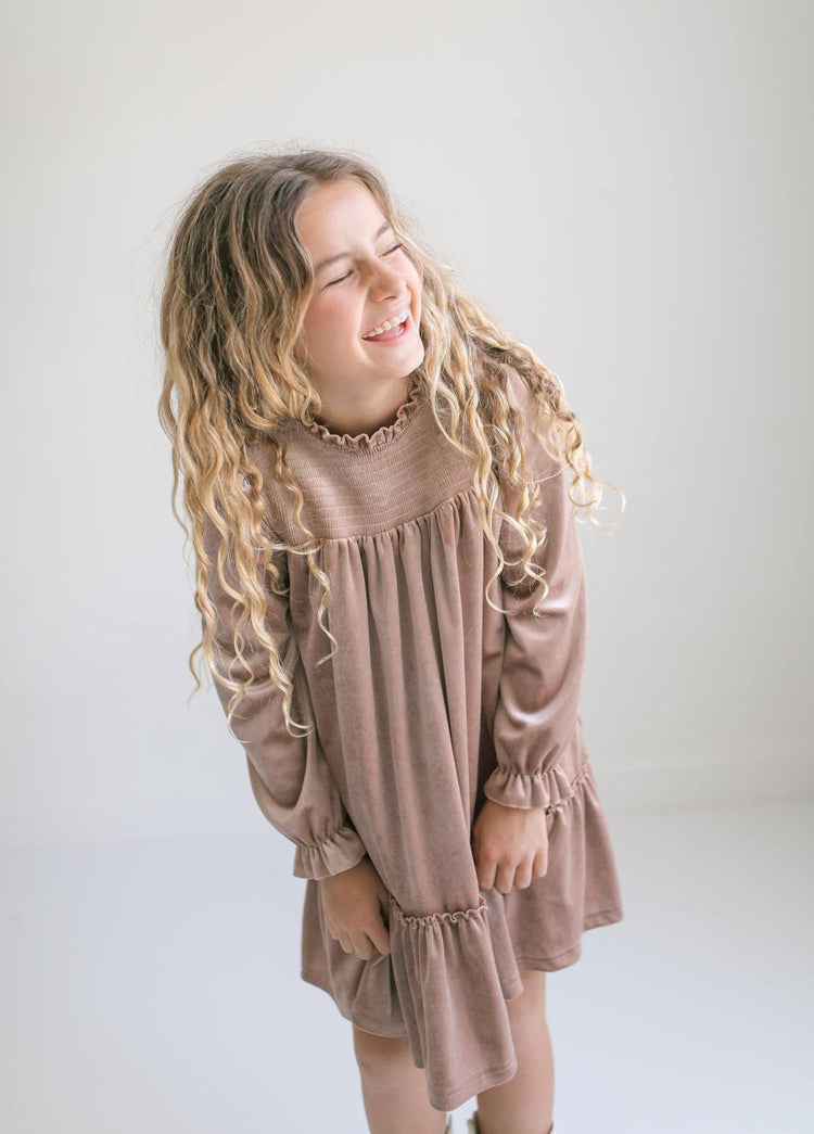 Girls Alexa Champagne Smocked Velvet Fancy Holiday Dress