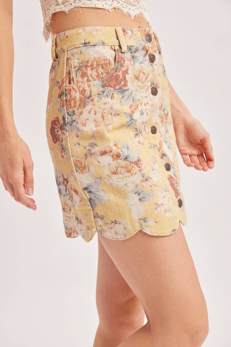 VINTAGE FLORAL PRINT BUTTON DOWN SCALLOPED HEM MINI SKIRT