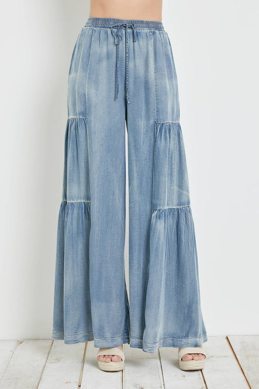 Tiered Ruffled Washed Denim Pants