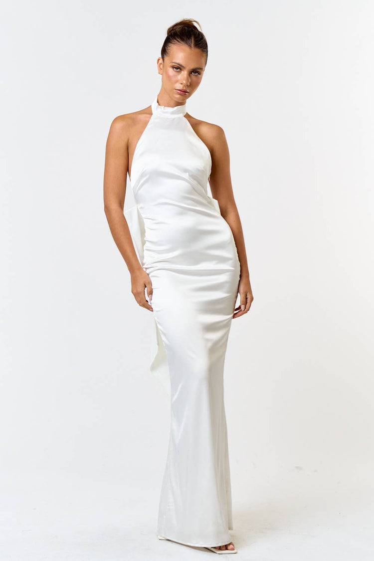 Satin Halter Maxi with Backless Bow