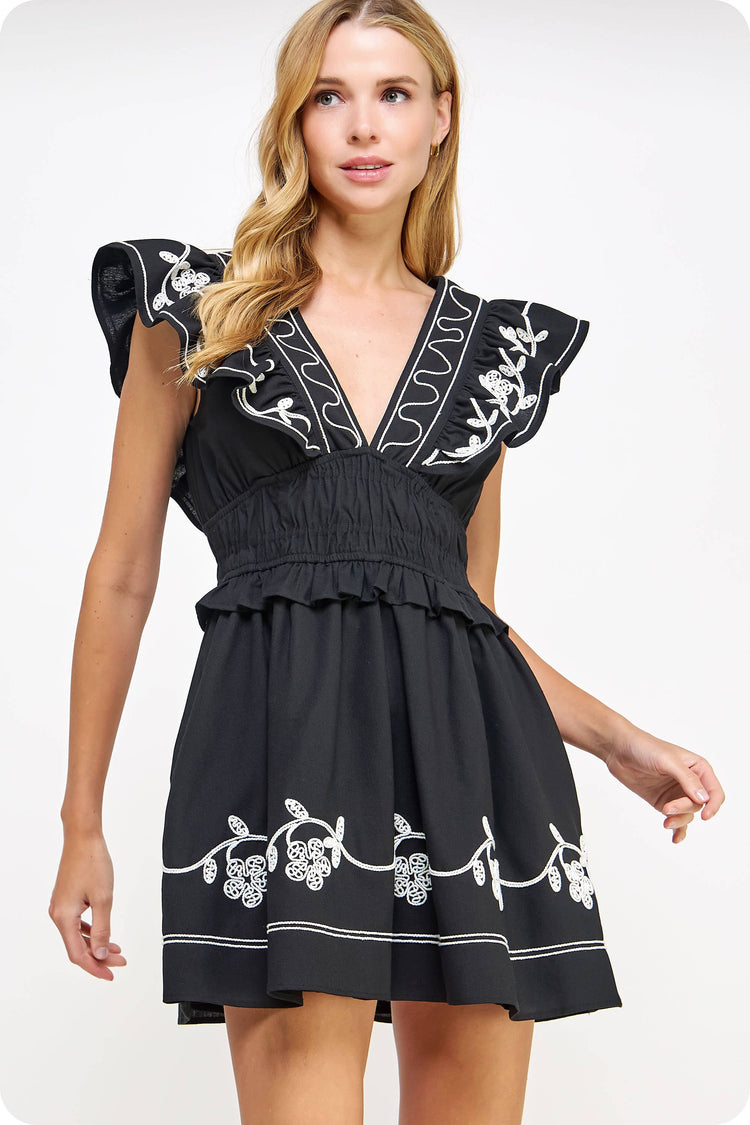 Embroidery Detail Ruffle Linen Mini Dress