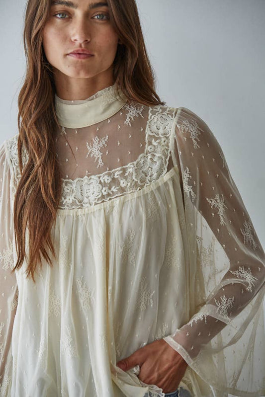 Lace Mock Neck Bell Sleeve Blouse