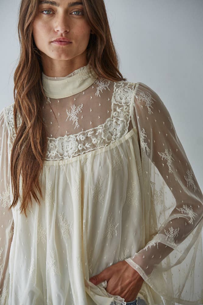 Lace Mock Neck Bell Sleeve Blouse