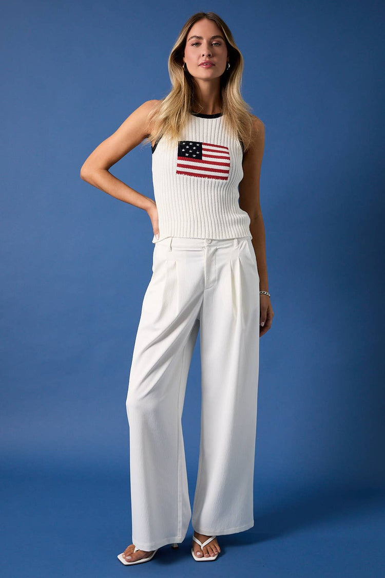 "USA FLAG " ROUND NECK CONTRAST COLOR RIBBED SWEATER TOP