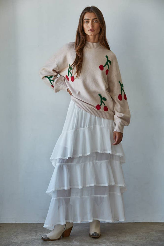 Knit Sweater Acrylic Polyester Spandex Cherry Print