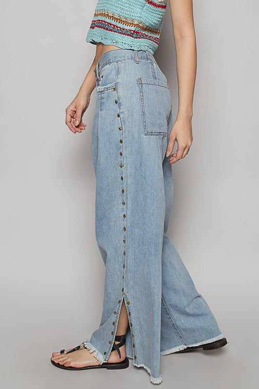 Solid stud detail twill wide woven pants