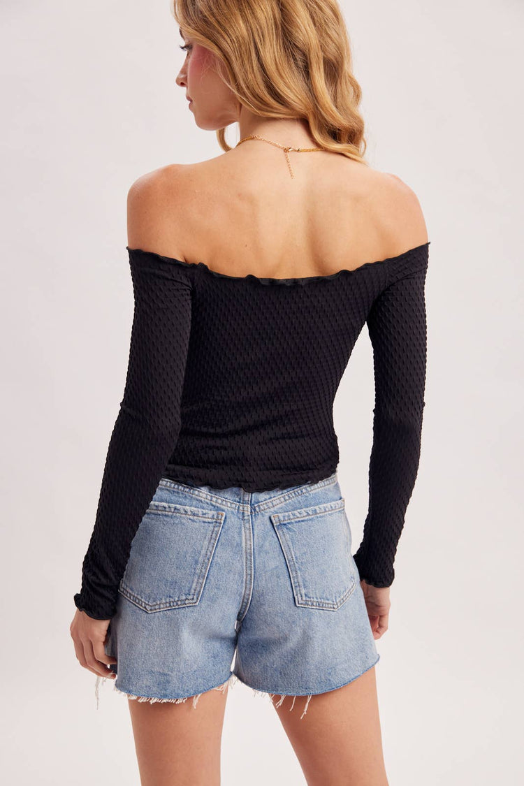 TEXTURED OFF THE SHOULDER LONG SLEEVE CROP TOP