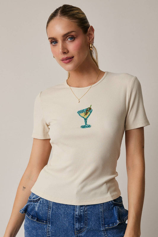 ROUND NECK HALF SLEEVE MARTINI BEADS RIB TOP