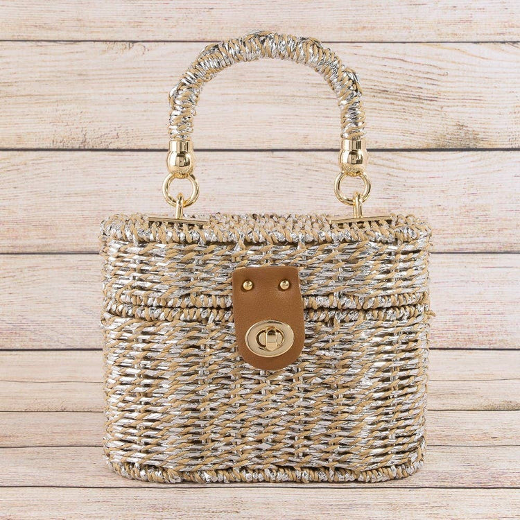 Metallic Woven Straw Top Handle Box Bag