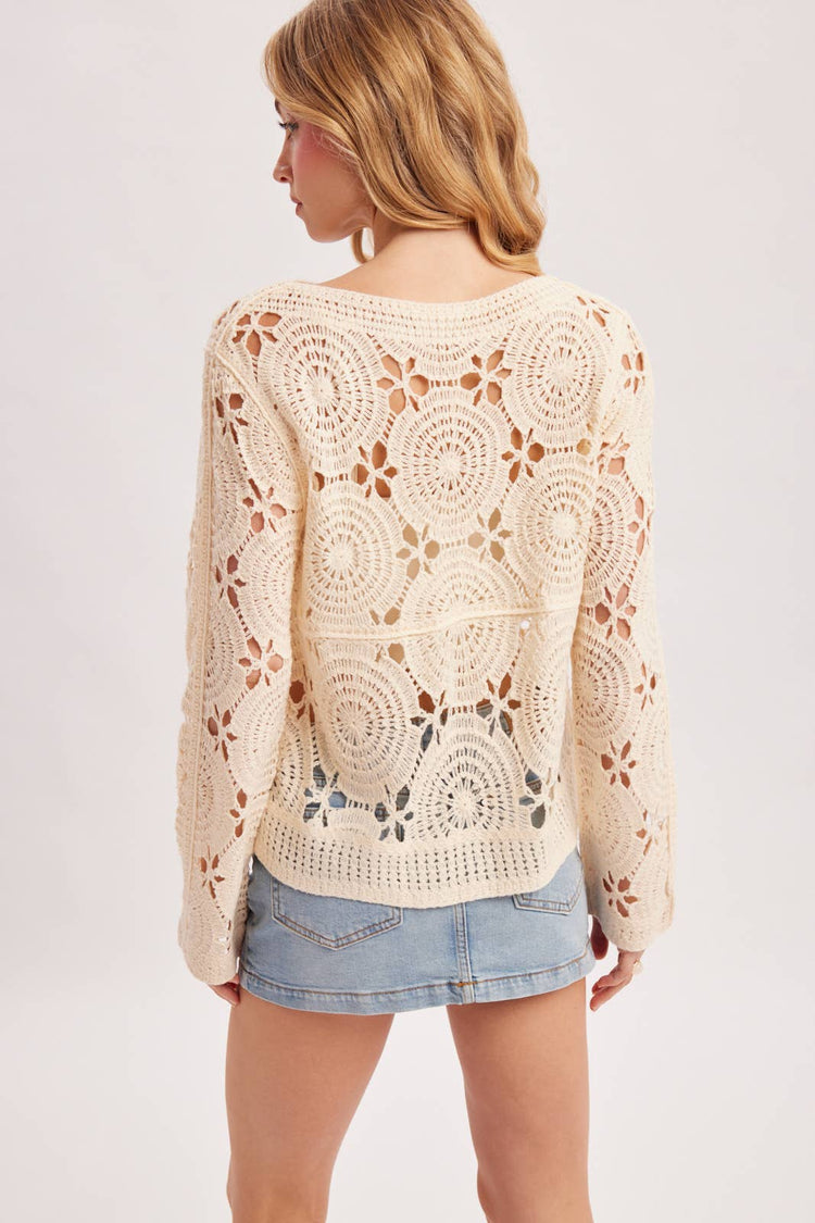 BOAT NECK OPEN-WORK FLORAL CROCHET TOP