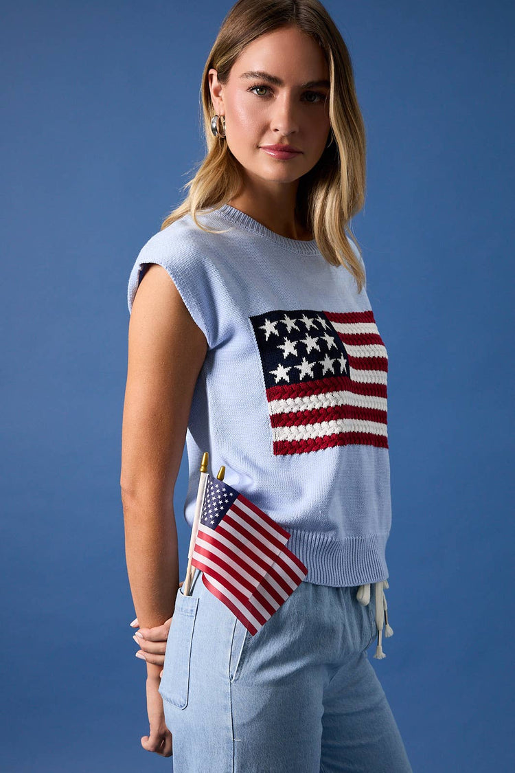 ROUND NECK WIDE SHOULDER USA FLAG SWEATER