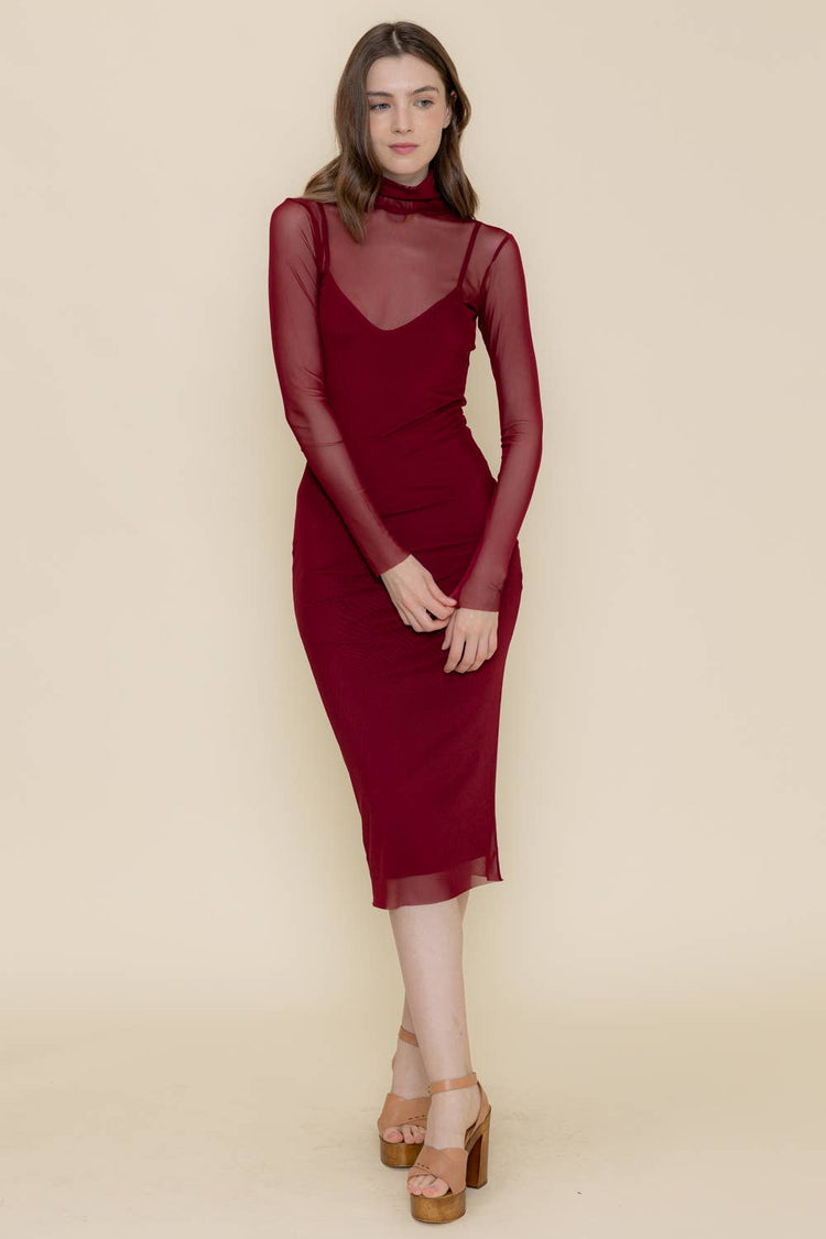BODYCON MOCK NECK MESH LONG SLEEVE MIDI DRESS