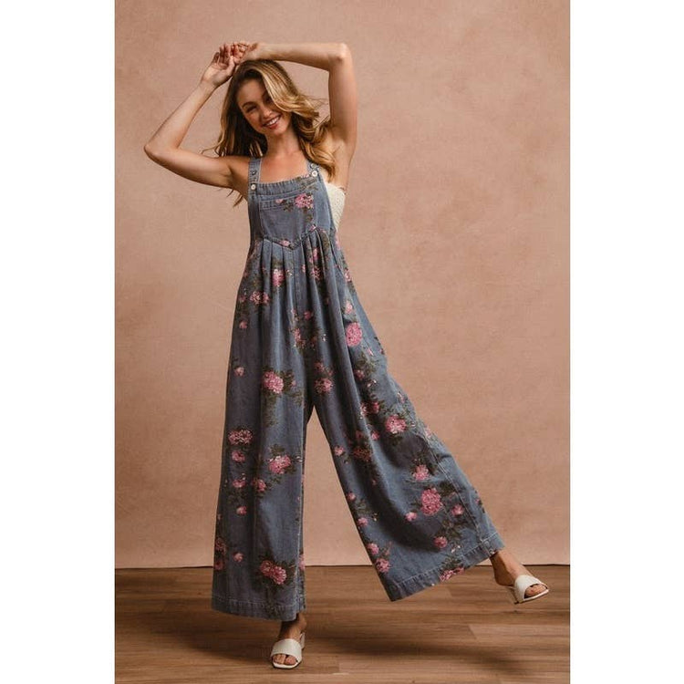 Flower Print Washed Denim Overalls