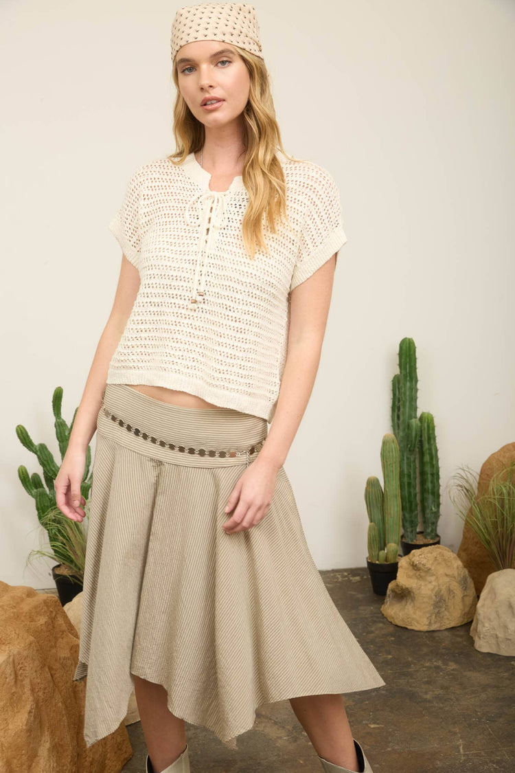 LACE UP NECKLINE CROCHET KNIT SHORT SLEEVE TOP