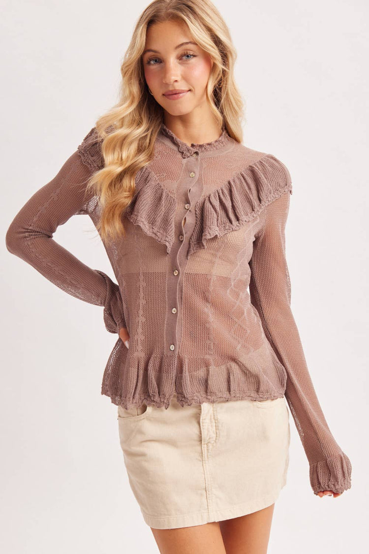 SHEER MOCK NECK BUTTON DOWN RUFFLED OPEN KNIT TOP NO LINING