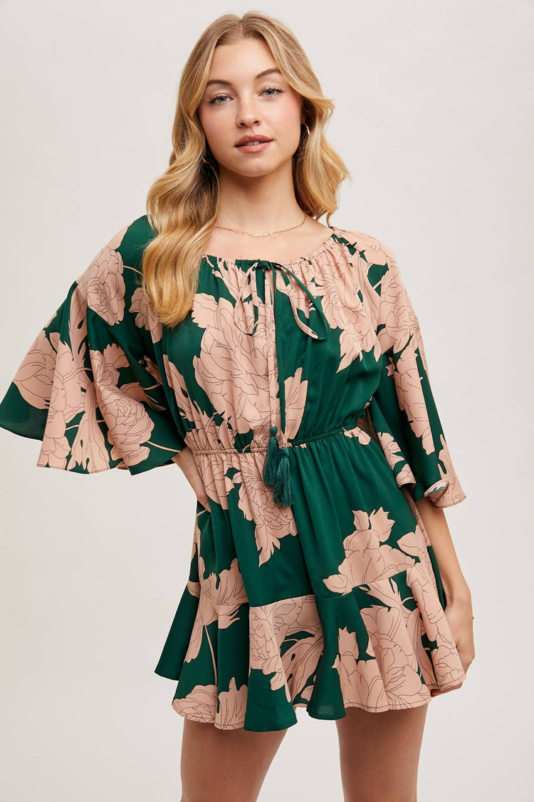 FLORAL PRINT OFF THE SHOULDER BELL SLEEVED ROMPER