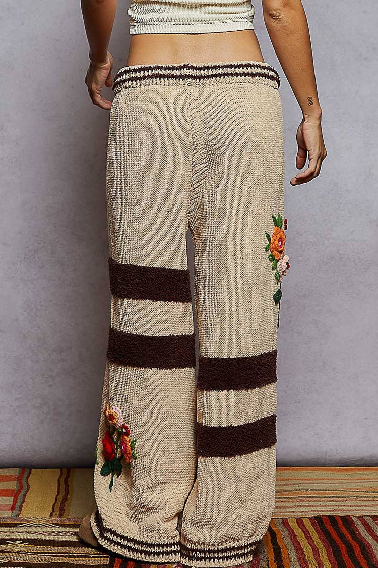 Striped pattern 3D embroidered detail chenille sweater pants