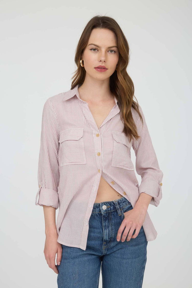 STRIPED COLLARED BUTTON DOWN WITH POCKETS