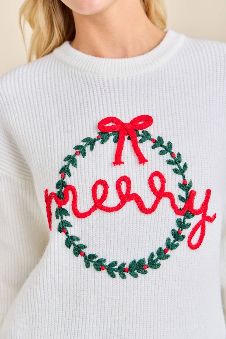 Merry Embroidered Christmas Wreath Sweater Knit Top
