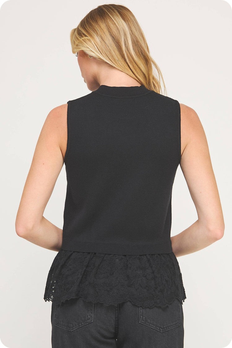 Lace Contrast Mock Neck Sleeveless Knit Top