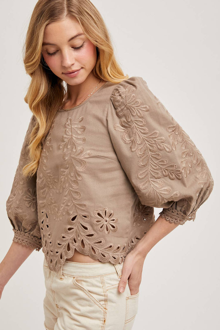 LACE CUTOUTS BOTTOM HEM BUBBLE SLEEVED TOP