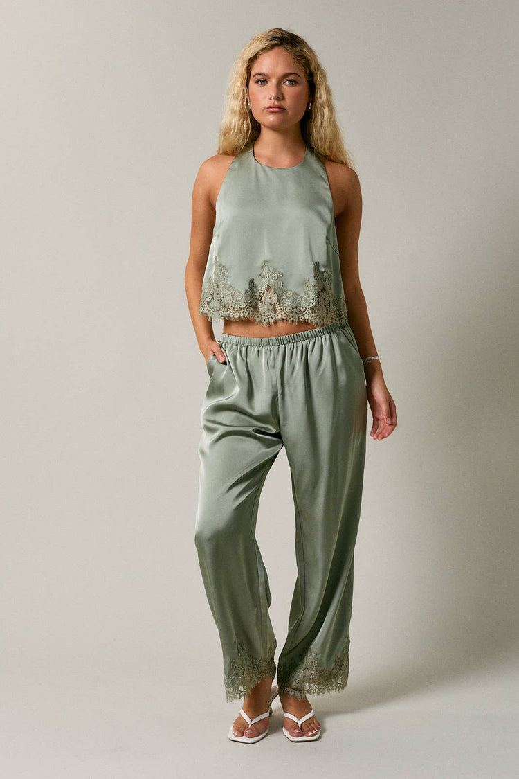 ELASTIC WAIST LACE TRIM WIDE LEG PANTS