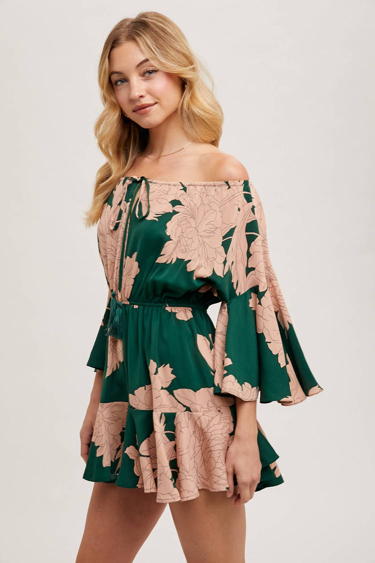 FLORAL PRINT OFF THE SHOULDER BELL SLEEVED ROMPER