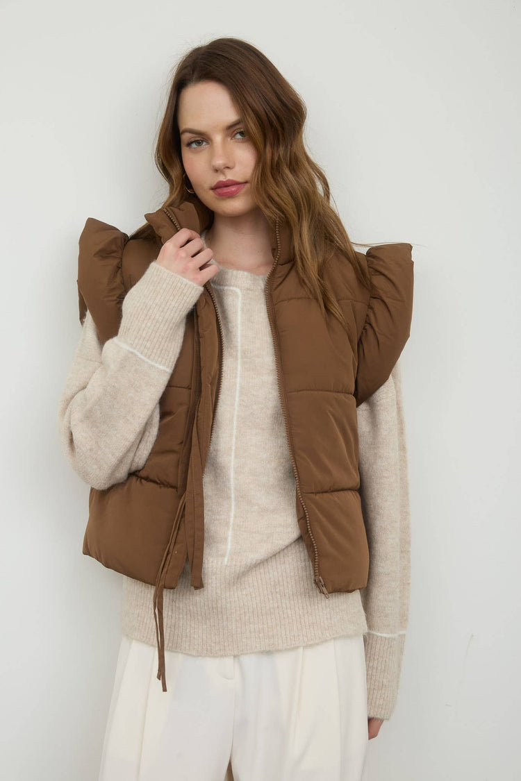 FLUTTER SLEEVE BOW DETAIL ZIP-UP PUFFER VEST