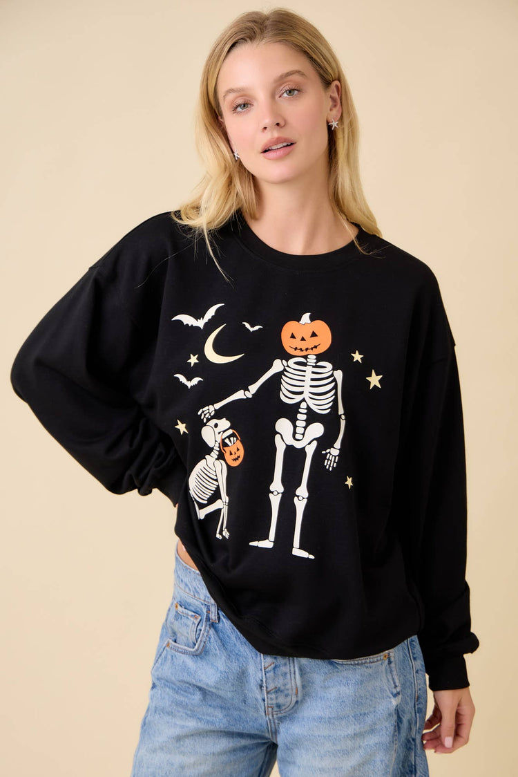 Halloween Pumpkin Skeleton Printed Graphic Crewneck