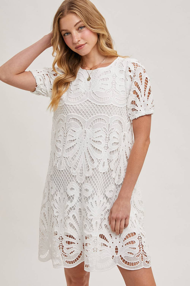 PUFF SLEEVED CROCHET DRESS WITH LINING