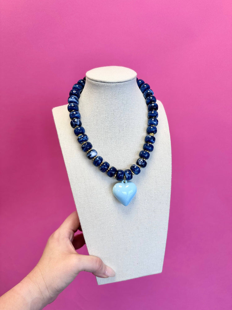 Statement Beaded Heart Necklace - Blue