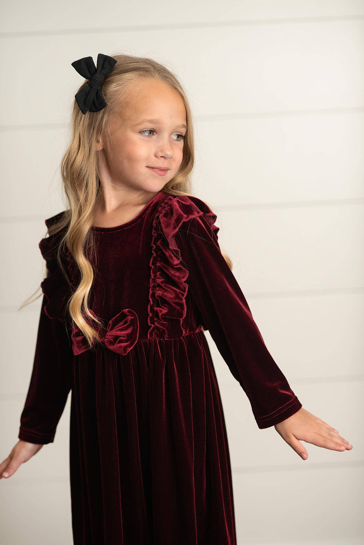 Kids Burgundy Wine Velvet Bow Ruffle Holiday Party Dress