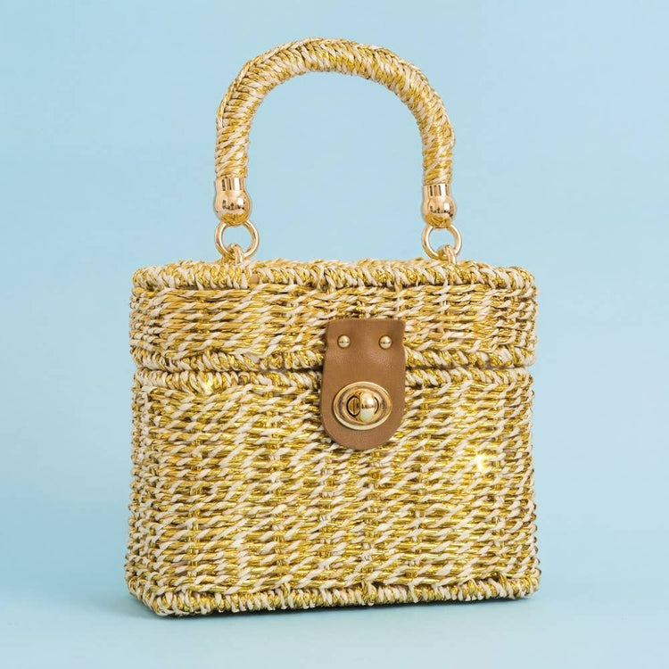 Metallic Woven Straw Top Handle Box Bag