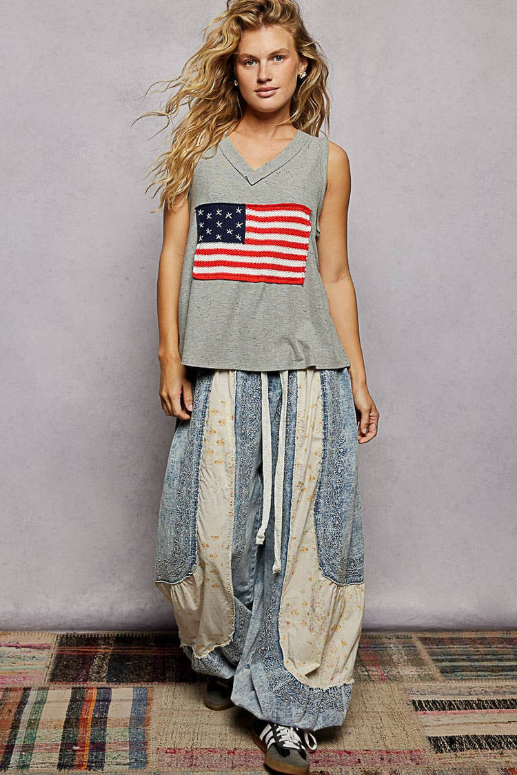 Handmade American Flag Patch Rib V-Neck Sleeveless Top