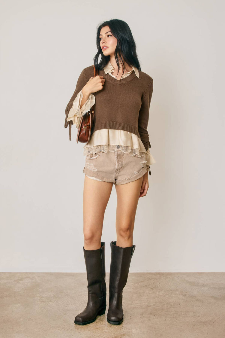 Satin Lace Shirt Insert Sweater (1)