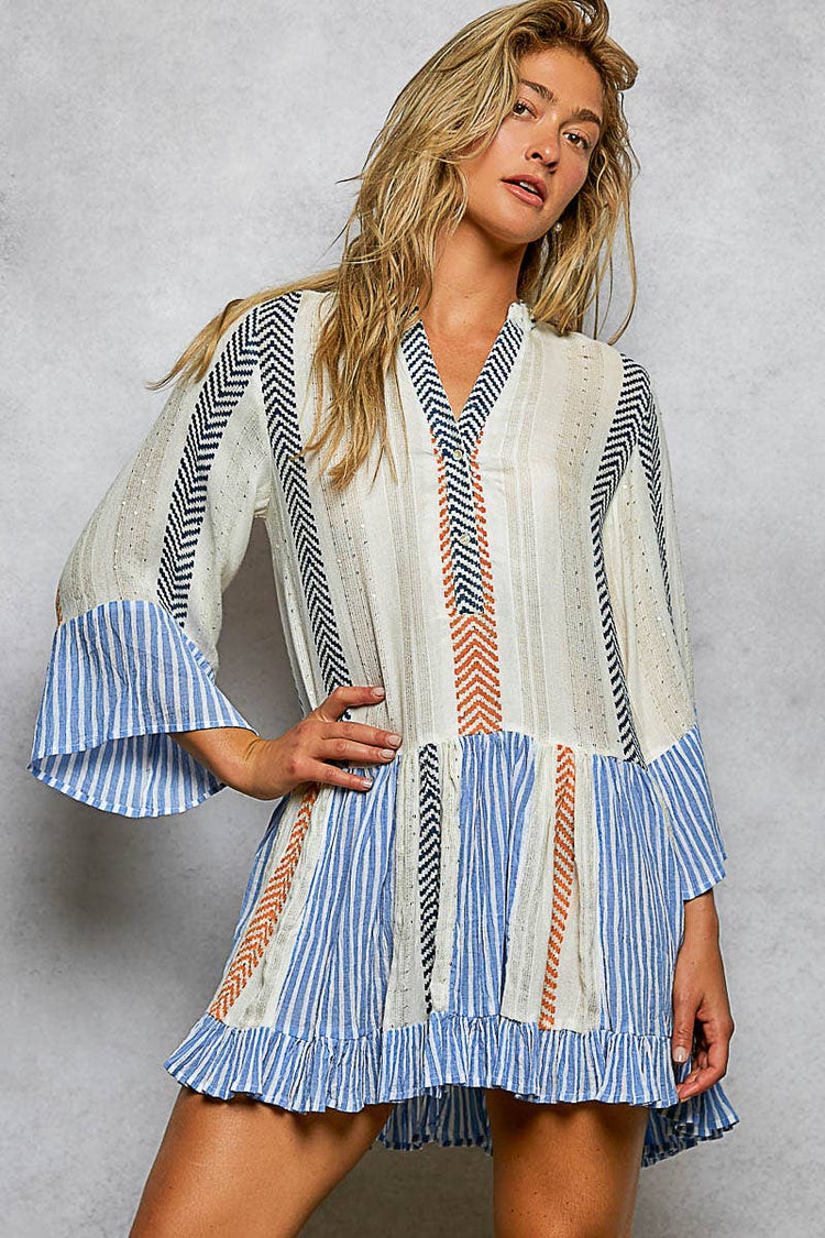 V-neck 3/4 Sleeve Printed Woven Cotton Embroidered Dress