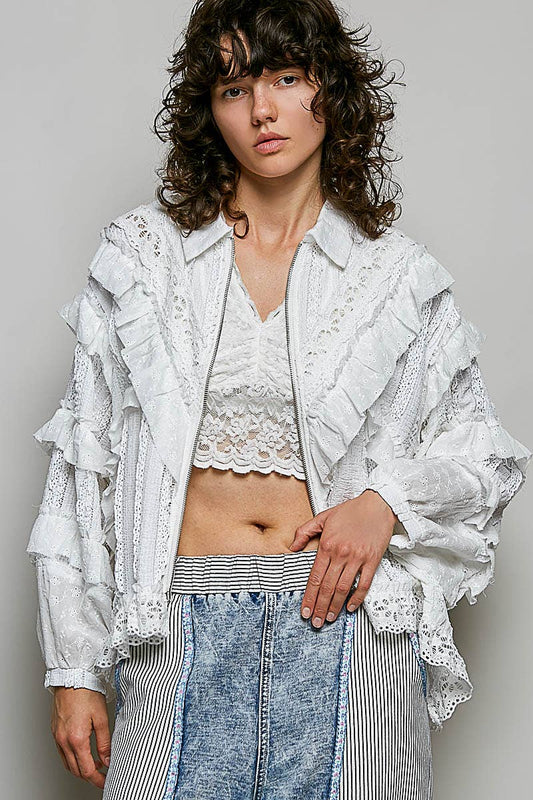 Feminine Eyelet Ruffle Floral Trim Lace Zip Front Jacket