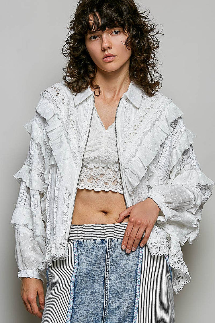 Feminine Eyelet Ruffle Floral Trim Lace Zip Front Jacket