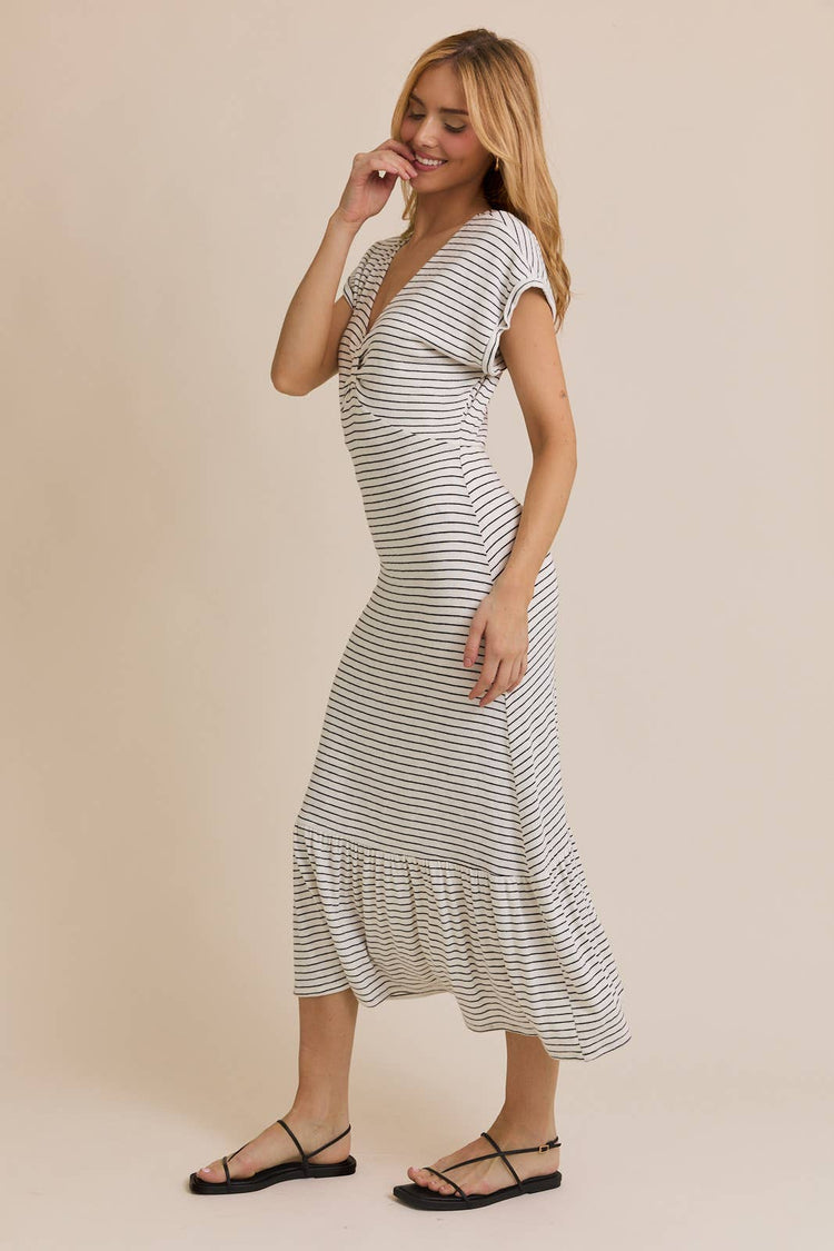 V-NECK SHORT SLEEVE STRIPE DRESS