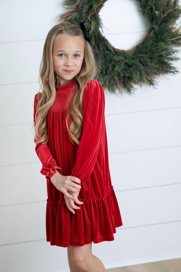 Alexa Red Smocked Velvet Fancy Holiday Party Dress