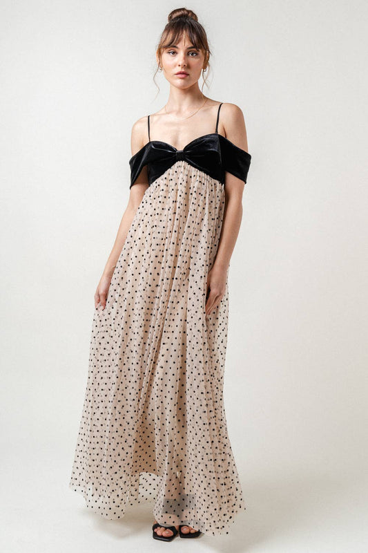 OFF SHOULDER VELVET MESH POLKA DOT MAXI DRESS