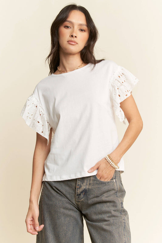SOLID LACE ROUND NECK SHORT LACE SLEEVE TOP
