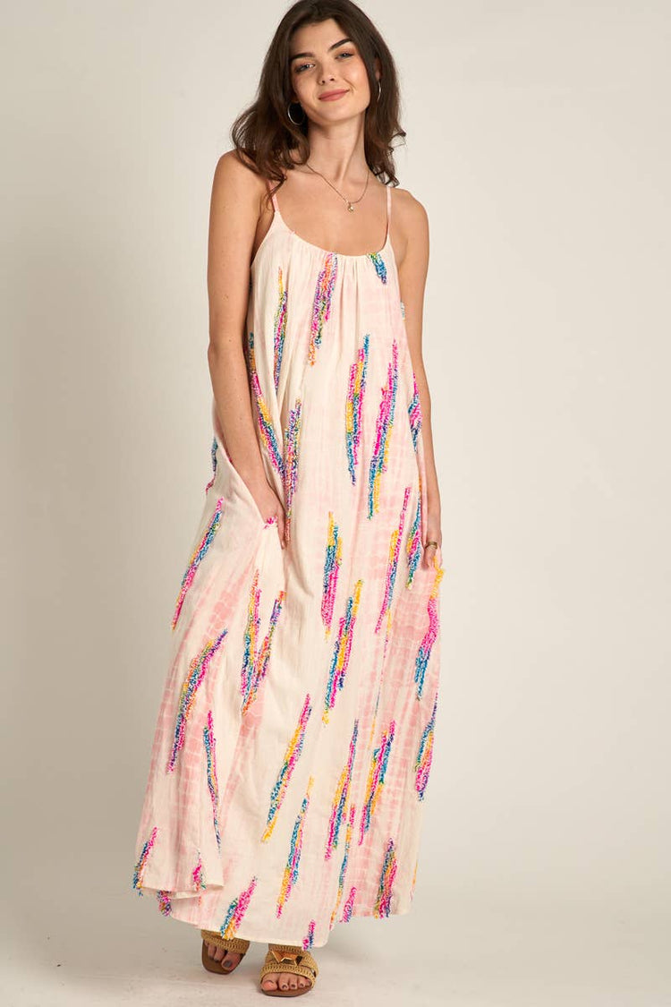 Multicolor Tie-Dye Embroidered Cami Maxi Dress