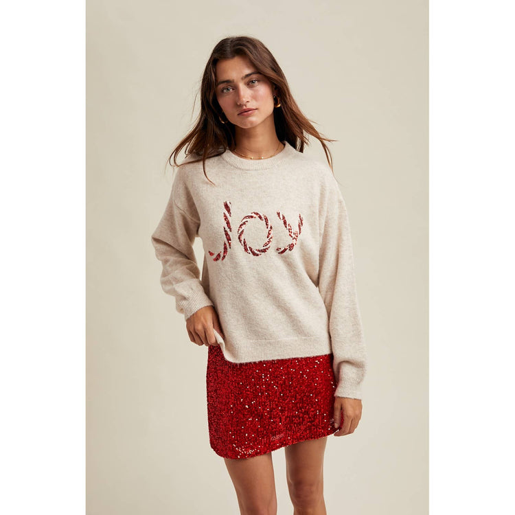 'JOY' SEQUIN CANDY CANE SWEATER