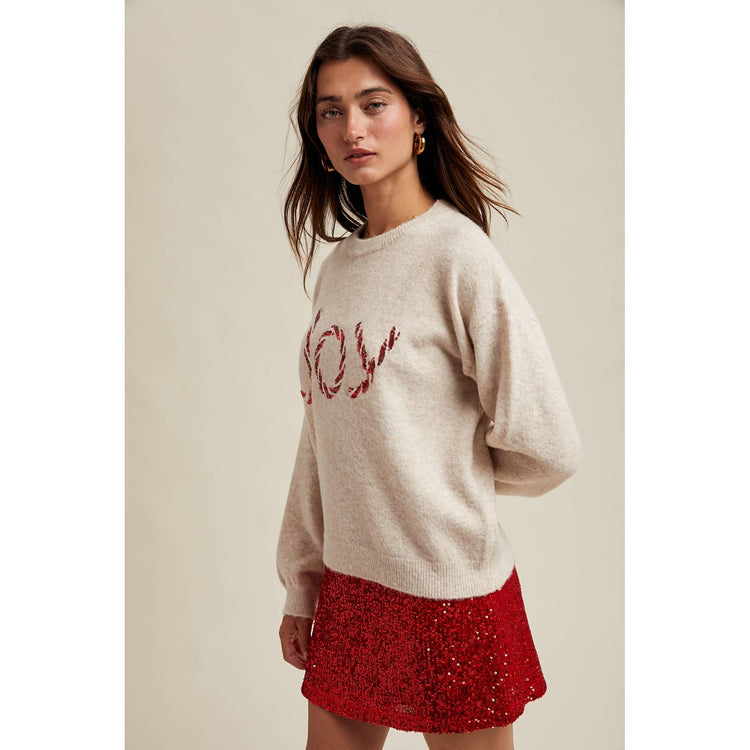 'JOY' SEQUIN CANDY CANE SWEATER