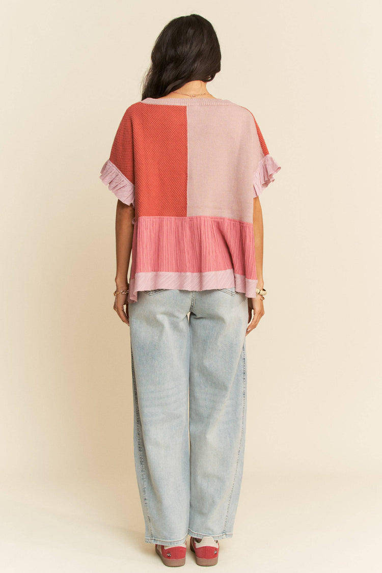 SWEATER TEXTURED FABRIC RUFFLE DETAIL TOP